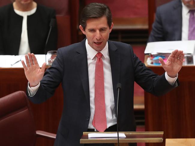 Senator Simon Birmingham in the Senate Question Time in the Senate Chamber at Parliament House in Canberra. Picture Kym Smith