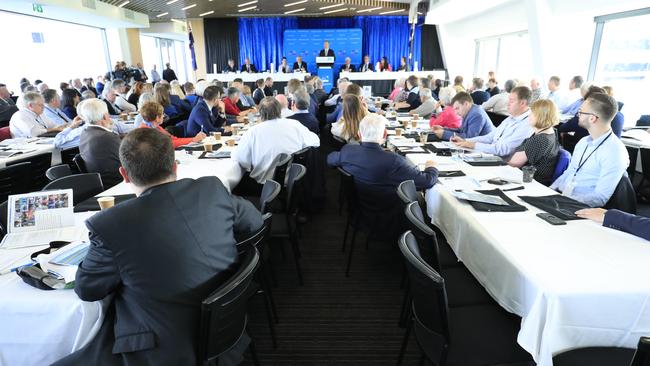 Tasmanian Premier Will Hodgman makes an address during the Tasmanian Liberals' State Conference at Blundstone Arena, Hobart, Saturday, October 6, 2018. (AAP Image/Rob Blakers)