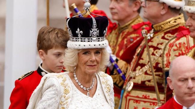 Queen Camilla, wearing a modified version of Queen Mary's Crown leaves Westminster Abbey. Picture: Odd ANDERSEN / AFP