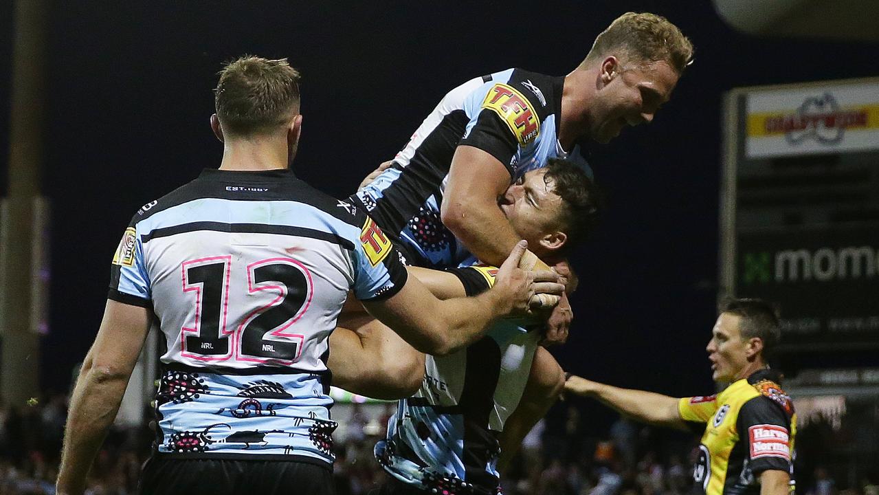 Cronulla's Bronson Xerri celebrates after scoring his third try on Sunday.