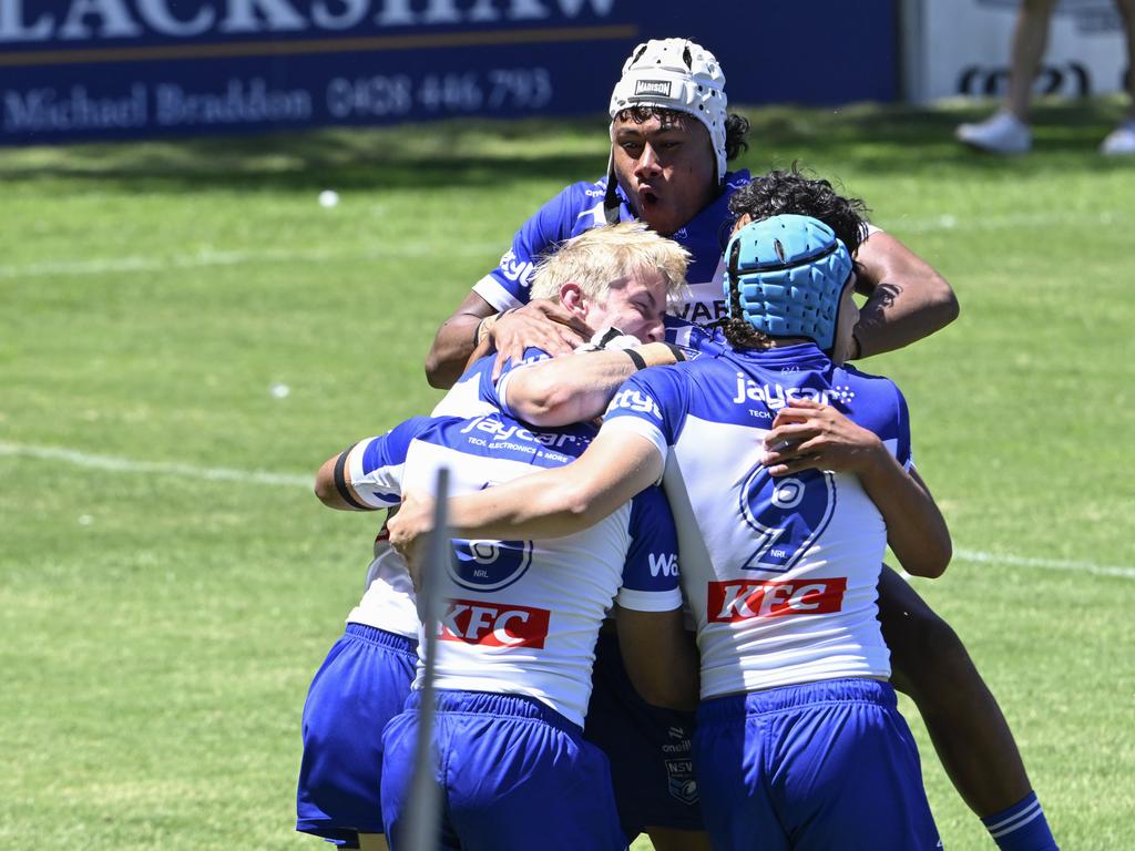 Canterbury celebrates a try. Picture: Martin Ollman