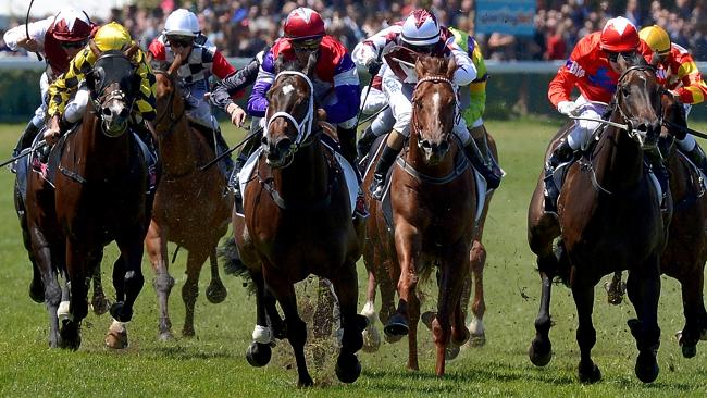 Hucklebuck (red, silver and purple silks), has come in for solid support at Flemington today. Picture: Jay Town 