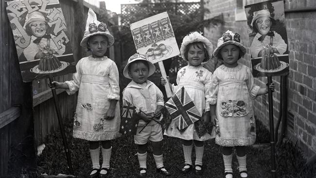 Children in fancy dress featuring the products, Jelline and Silver Drop Flour, 1910-30. Picture: George Henry Hawkins. Chau Chak Wing Museum, University of Sydney.