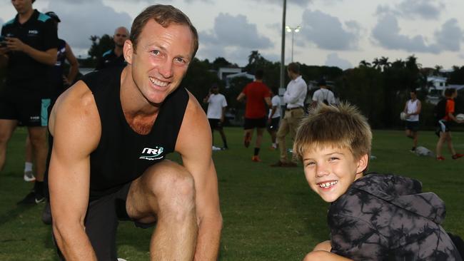 NRL legend Darren Lockyer laced up his boots for the first time since his retirement in 2011 to play Touch Rugby League this evening - Darren Lockyer with  his son Flynn, Brisbane Monday 4th March 2019 Picture AAP/David Clark