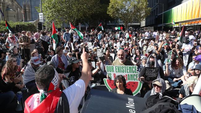 Pro-Palestinian protesters in Melbourne’s CBD on Sunday. Picture: David Crosling