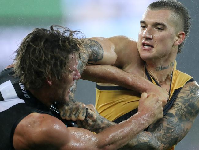 01/07/16 Port Adelaide v Richmond AFL match at Adelaide Oval. Brett Ebert and Dustin Martin wrestle. photo Calum Robertson