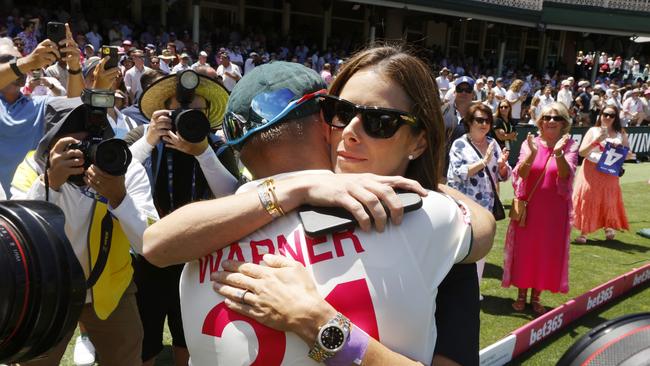 David Warner and another polarising figure, his wife Candice, at the SCG after his final Test. (Photo by Darrian Traynor/Getty Images)