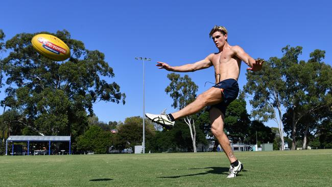 Adelaide Crows player Ben Keays training in isolation at Giffin Park in Brisbane on Thursday. Picture: AAP