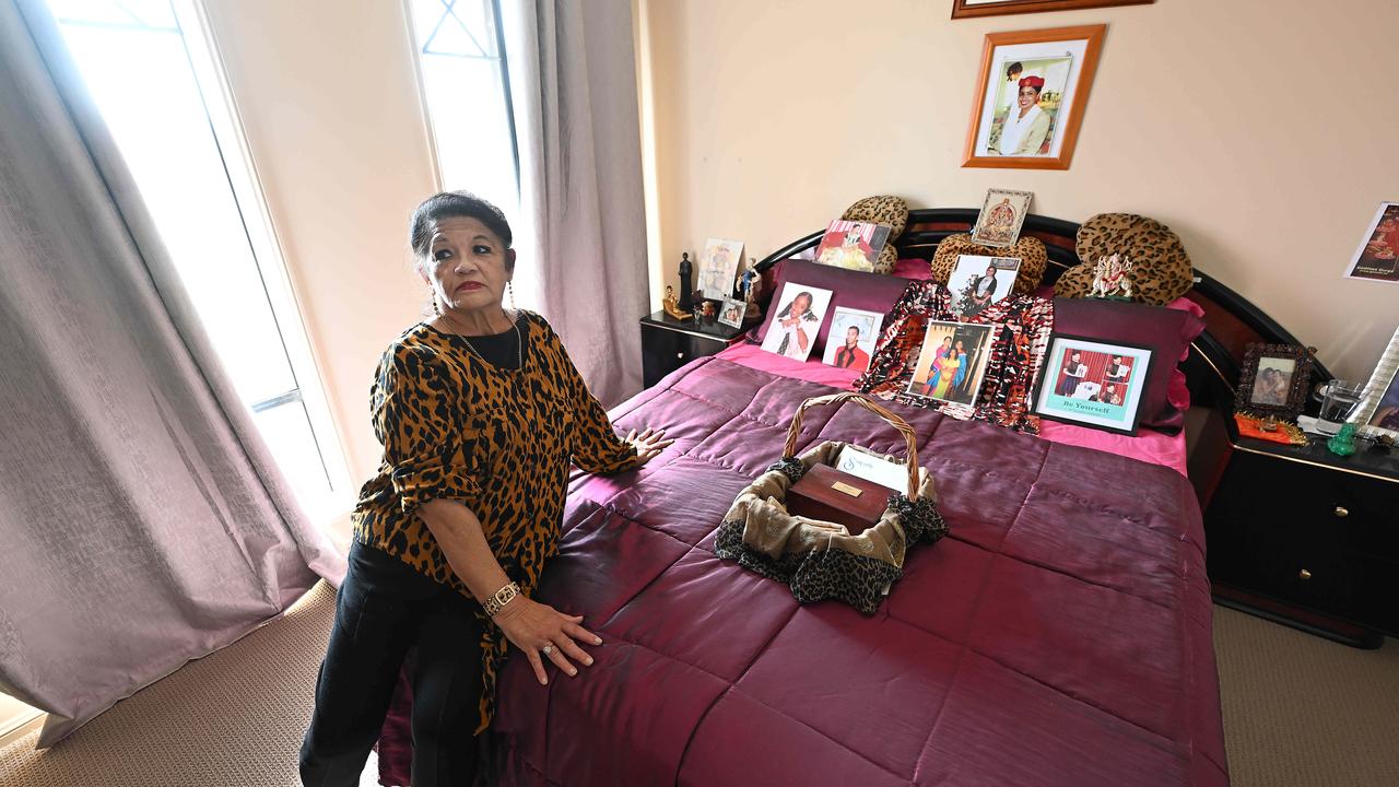 Shirley Singh sitting on the bed of her slain daughter Neelma. Picture: Lyndon Mechielsen/Courier Mail