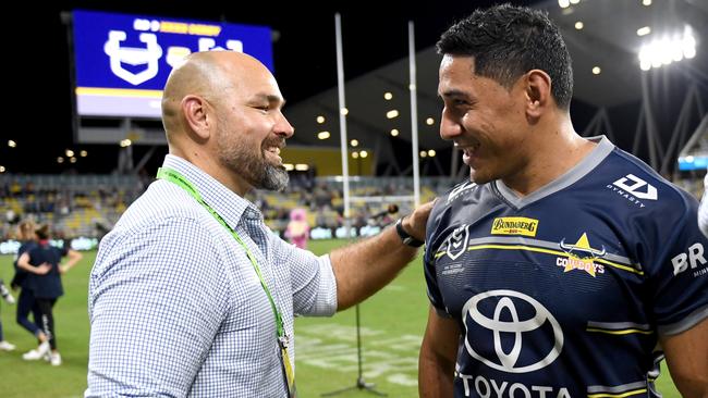 Jason Taumalolo (right) and coach Todd Payten. Taumalolo was first signed for $2000 and two pizzas. Picture: NRL Photos