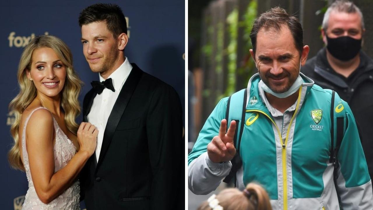 Tim Paine is telling everything. Pictured with wife Bonnie and Justin Langer.