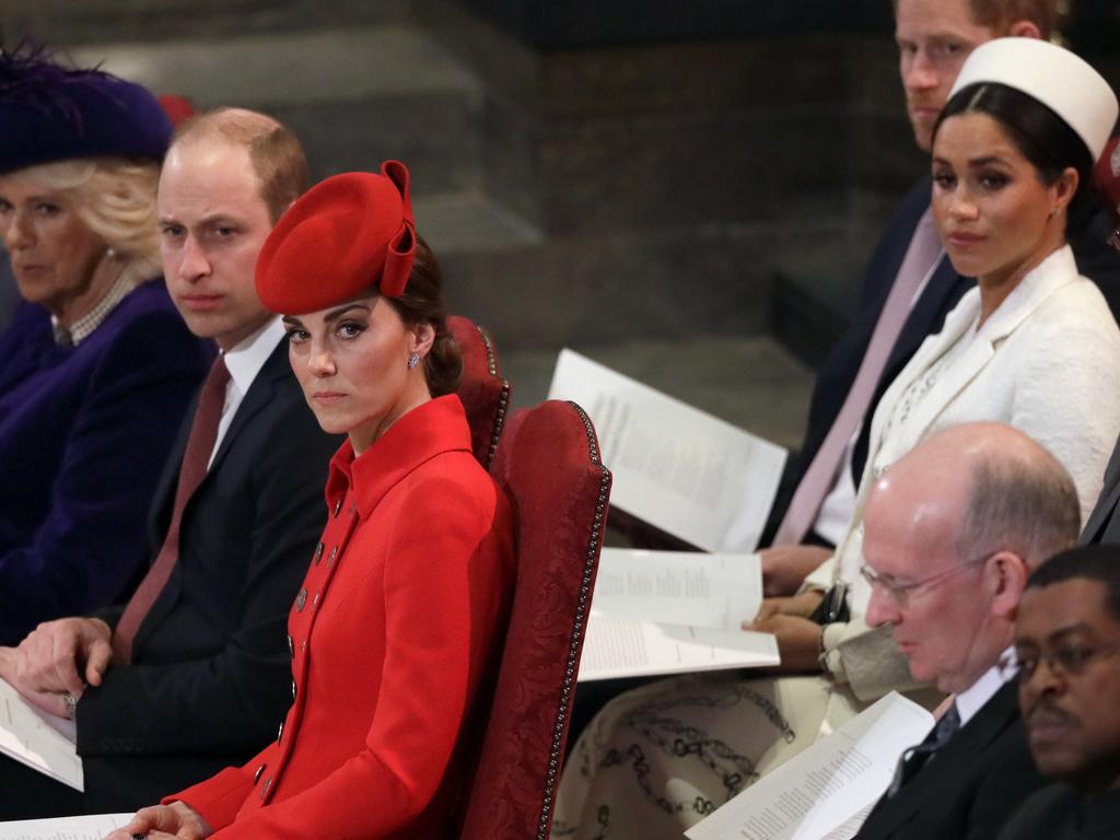 Kate, Duchess of Cambridge and Meghan, Duchess of Sussex are said to have healed their rift at the Commonwealth Service at Westminster Abbey. Picture: AP Photo