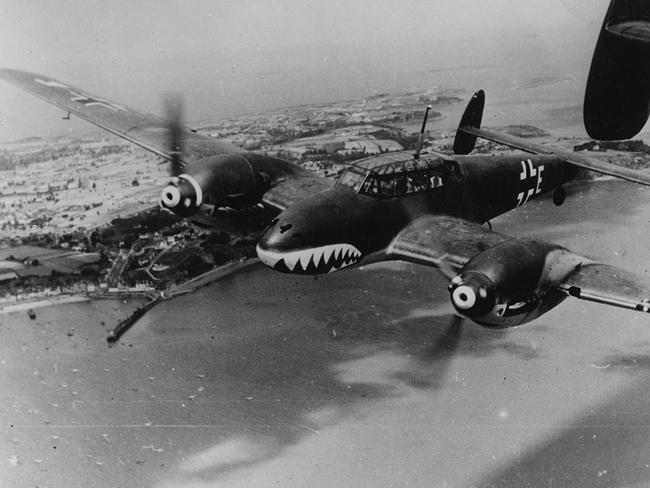 History: German twin engine Messerschmitt Bf110 over the English Channel in 1940. Out of copyright