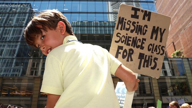 Making his point... Pupil gets his message across during Sydney climate strike last November. Picture: Getty