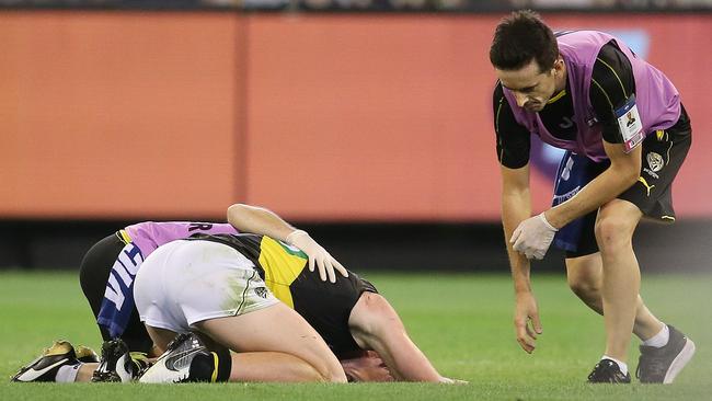 Richmond forward Jack Riewoldt down after a collision in the second quarter of tonight’s clash against Carlton. Pic: Michael Klein