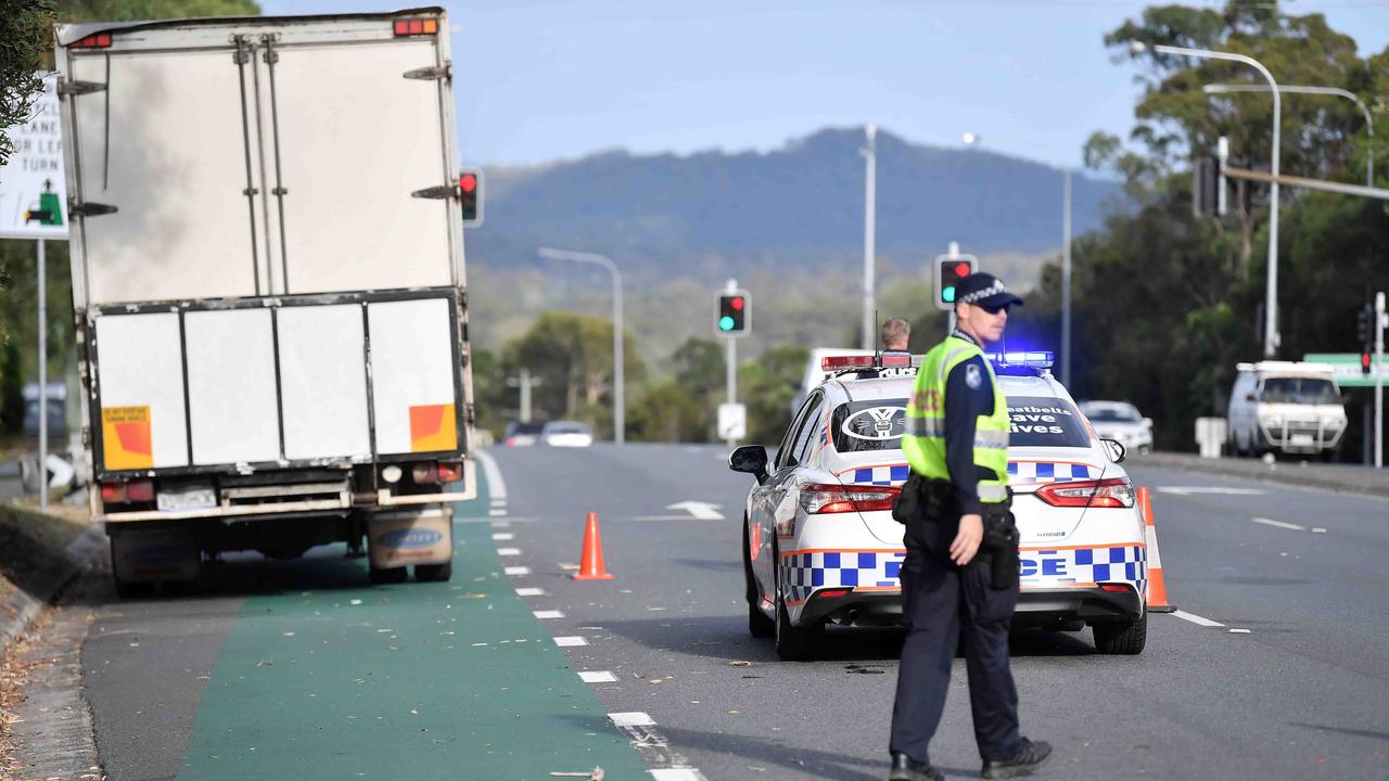 A cyclist has died after he collided with a parked truck on Caloundra Road, on the Sunshine Coast. Picture: Patrick Woods.