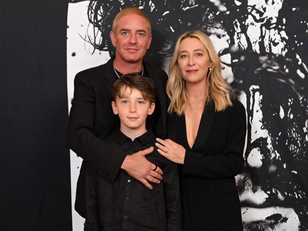 Vincent Fantauzzo and wife Asher Keddie and son Val at the opening of his art exhibition. Picture: Tony Gough