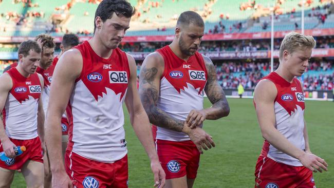 Dejected Swans players after their shock loss to the Suns. Picture: AAP