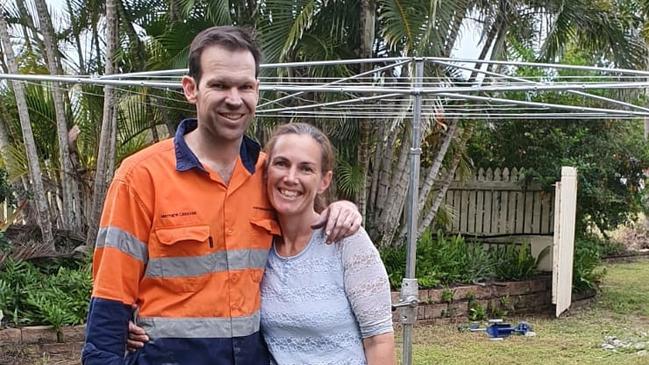 Queensland Senator Matt Canavan and his wife in front of the new clothesline he gifted her for Mother's Day. Mr Canavan has copped it on Twitter. Picture: Twitter/Matt Canavan