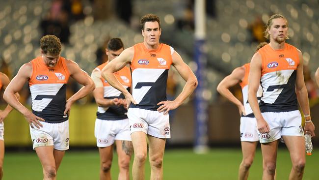 Star GWS forward Jeremy Cameron reacts to the Giants’ loss to Hawthorn at the MCG in Round 8. Picture: AAP Image/Julian Smith.