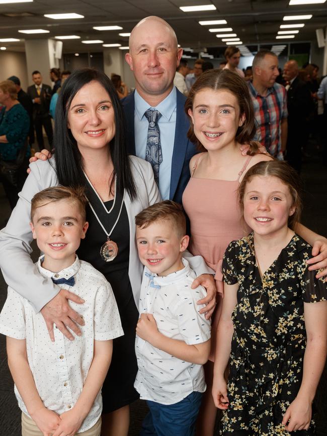 New mayor Carly Moore with husband Mat and children Madison, Camyrn, Lachlan and Hudson.