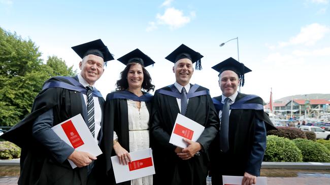 Bachelor of Arts graduates Mark Smith, Belinda Vincent, Jason Templar and Brett Caham. Picture: PATRICK GEE