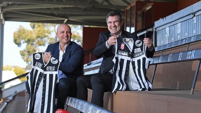 Magpies champs George Fiacchi and Tim Ginever are ramping up celebrations ahead of the club's 150th year in 2020. Picture: Tom Huntley