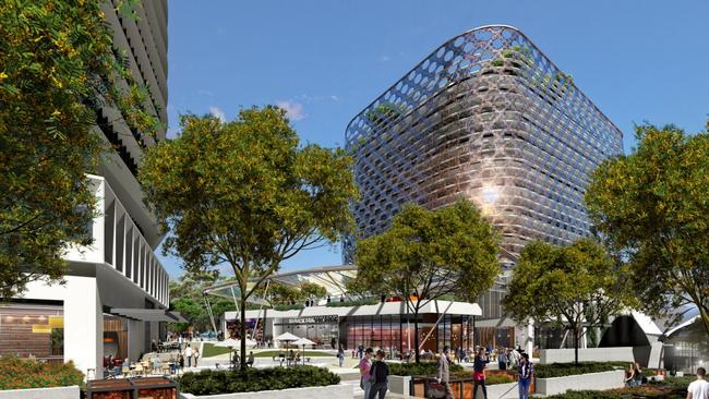 Landcom‘s proposal includes a retail plaza below the 30-storey hotel. 