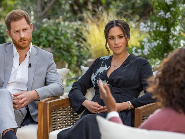 UNSPECIFIED - UNSPECIFIED: In this handout image provided by Harpo Productions and released on March 5, 2021, Oprah Winfrey interviews Prince Harry and Meghan Markle on A CBS Primetime Special premiering on CBS on March 7, 2021. (Photo by Harpo Productions/Joe Pugliese via Getty Images)