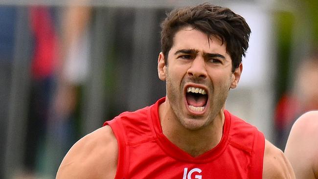 MELBOURNE, AUSTRALIA - FEBRUARY 18: Christian Petracca of the Demons celebrates a goal during an AFL practice match between Melbourne Demons and Richmond Tigers at Casey Fields on February 18, 2024 in Melbourne, Australia. (Photo by Morgan Hancock/Getty Images)