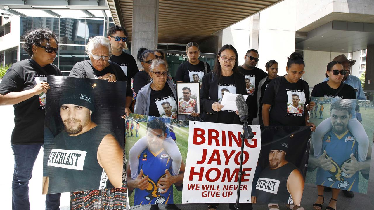 The family of missing man Jeremiah Rivers gather outside the Brisbane Magistrates Court after attending the inquest into his disappearance. Picture: NCA NewsWire/Tertius Pickard