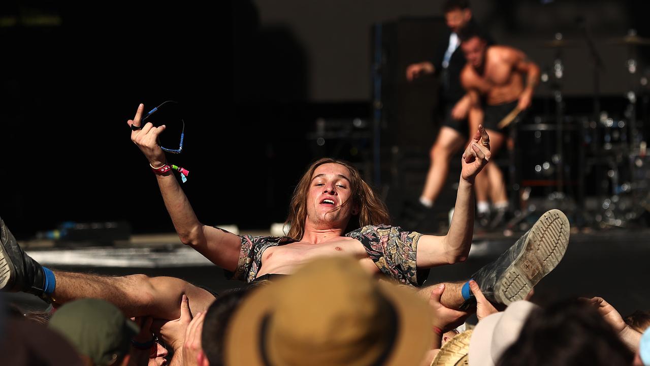 A festival goer crowd surfs watching Slaves perform on the Amphitheatre stage during Splendour In The Grass 2019 . (Photo by Mark Metcalfe/Getty Images)