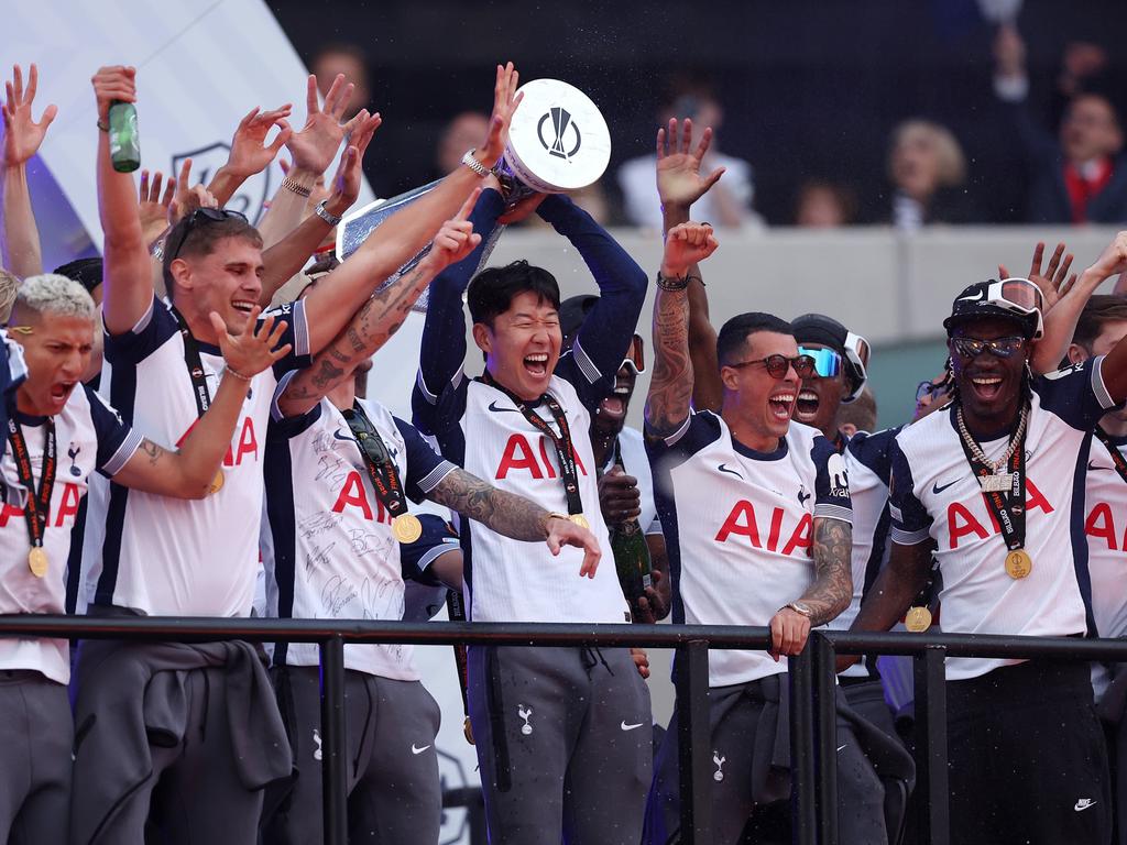 Hotspur’s Son Heung-Min of Tottenham Hotspur lifts the UEFA Europa League trophy. Picture: Harry Murphy / Getty Images