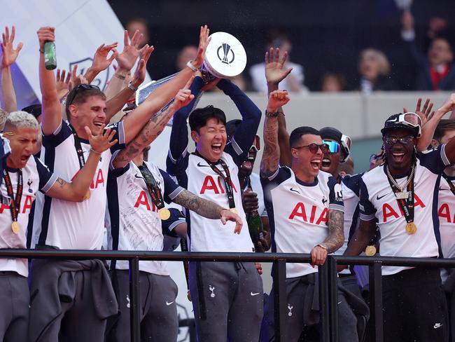 Hotspur’s Son Heung-Min of Tottenham Hotspur lifts the UEFA Europa League trophy. Picture: Harry Murphy / Getty Images