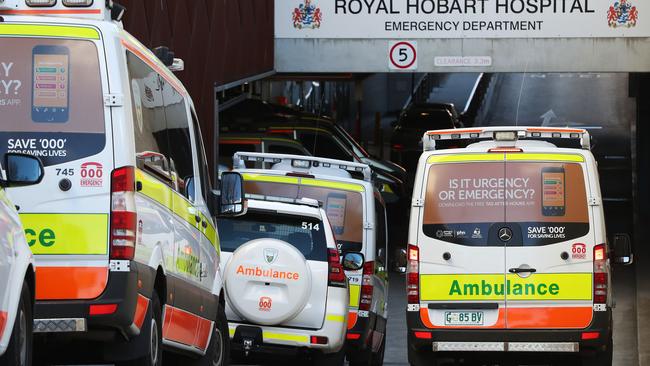 Ambulances line up at the Royal Hobart Hospital emergency entrance. Picture: NIKKI DAVIS-JONES