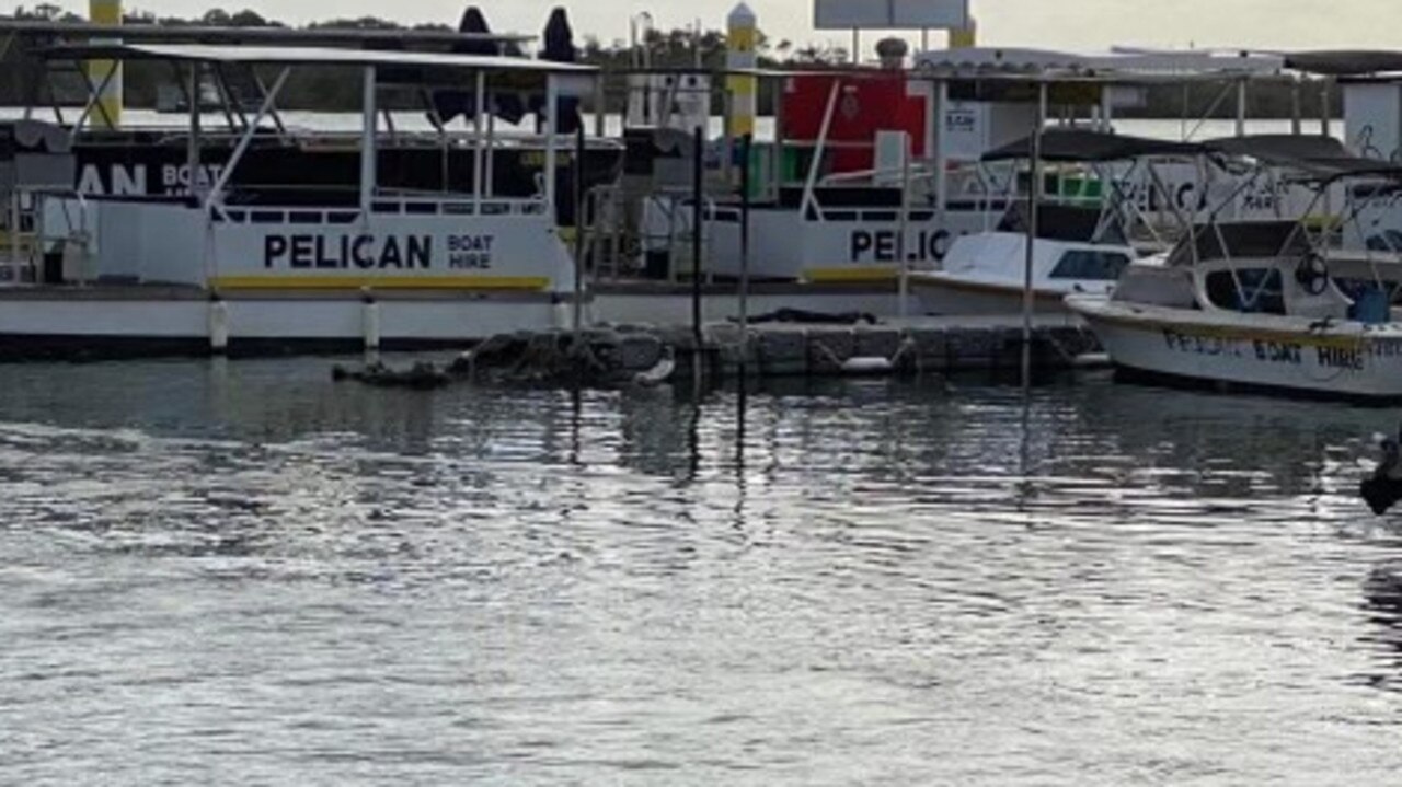 A badly damaged jetty at Pelican Boat Hire on the Noosa River at Noosaville.