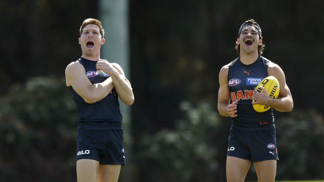 Toby Greene and Toby Bedford at training. Picture: Phil Hillyard