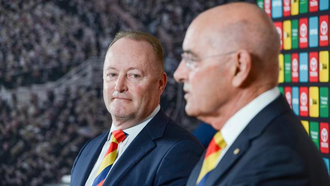 Former South Australian Premier John Olsen (right) will take over as Chairman of the Adelaide Football Club from Rob Chapman (left). Picture: Brenton Edwards