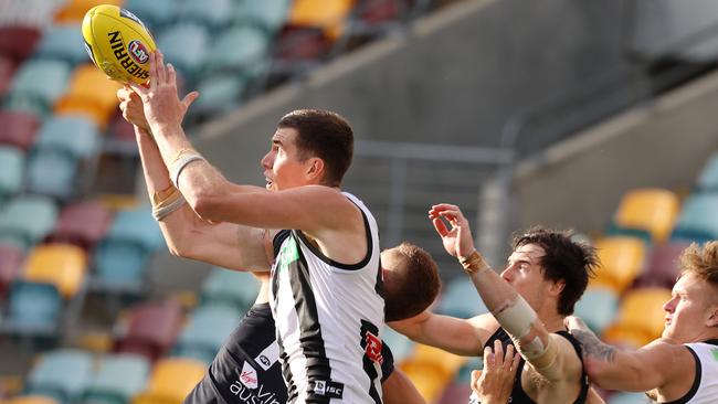 Mason Cox flies for a mark against Carlton on Sunday. Picture: Michael Klein