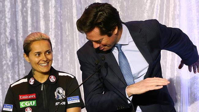 AFL CEO Gillon McLachlan with Collingwood’s AFLW star Moana Hope Picture: Wayne Ludbey