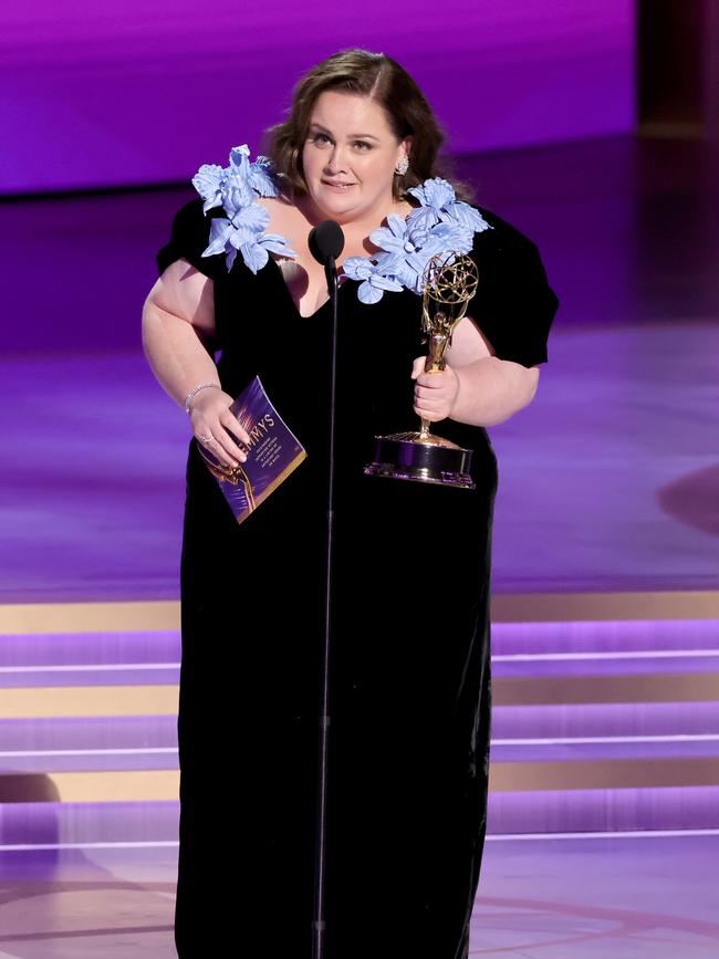 Jessica Gunning accepts the Outstanding Supporting Actress in a Limited or Anthology Series or Movie award for Baby Reindeer. Photo by Kevin Winter/Getty Images