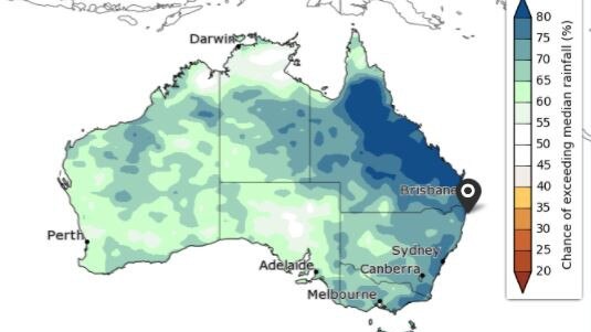 Map showing the chances of exceeding the median rainfall in the region. (CREDIT: Bureau of Meteorology)