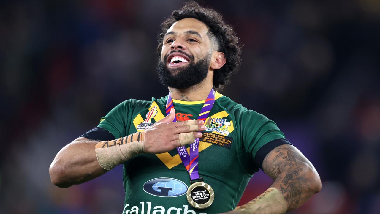 MANCHESTER, ENGLAND - NOVEMBER 19: Josh Addo-Carr of Australia celebrates following their sides victory in the Rugby League World Cup Final match between Australia and Samoa at Old Trafford on November 19, 2022 in Manchester, England. (Photo by Naomi Baker/Getty Images)