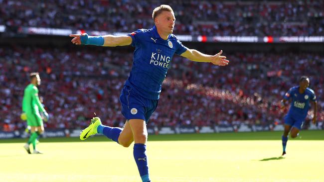 Jamie Vardy of Leicester City celebrates after scoring.