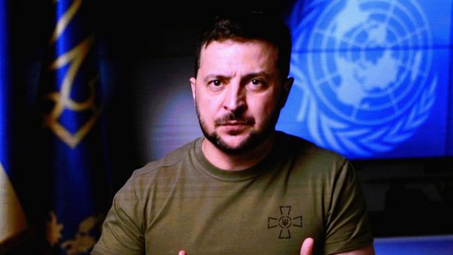 Ukrainian President Volodymyr Zelensky is seen on a screen as he addresses the 77th session of the UN General Assembly at the UN headquarters in New York on Thursday. Picture: AFP