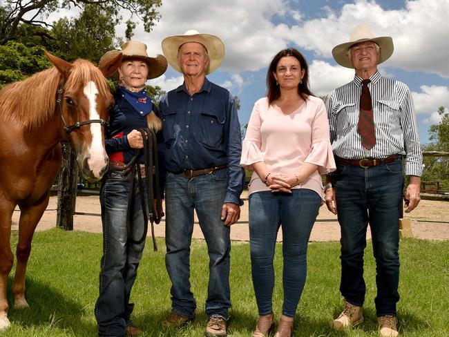 Toomby Horsemanship cattle station. Vicki and Geoff Toomby and JR (horse) with Senator Jacqui Lamby and Kennedy MP Bob Katter. Picture: Evan Morgan