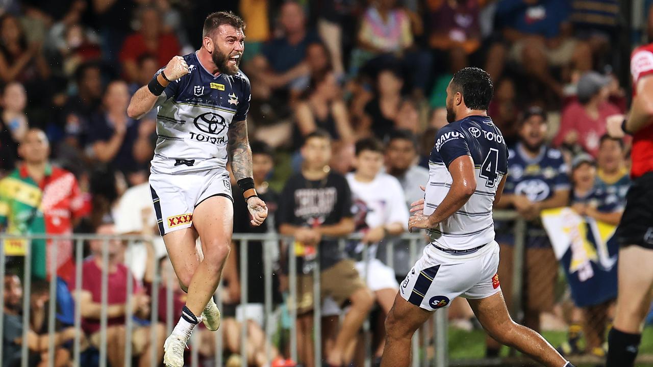 DARWIN, AUSTRALIA - APRIL 30: Kyle Feldt of the Cowboys celebrates scoring a try during the round eight NRL match between the Parramatta Eels and the North Queensland Cowboys at TIO Stadium, on April 30, 2022, in Darwin, Australia. (Photo by Mark Kolbe/Getty Images)