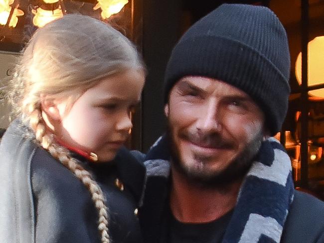 02/14/16 NYC - David Beckham leaves Balthazar Restaurant with his boys and carrying daughter Harper as Victoria leaves separately on Sunday February 14th, 2016. Non Exclusive / Luis Yllanes / Splash News Pictured: David Beckham, Brooklyn Joseph Beckham, Harper Seven Beckham, Romeo James Beckham, Cruz David Beckham Ref: SPL1227533 140216 Picture by: Luis Yllanes / Splash News Splash News and Pictures Los Angeles: 310-821-2666 New York: 212-619-2666 London: 870-934-2666 photodesk@splashnews.com