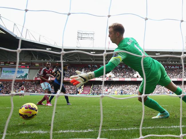 Joe Hart can’t keep out Diafra Sakho’s effort.