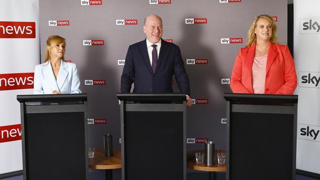 Catherine Renshaw, Trent Zimmerman and Kylea Tink at the North Sydney debate. Picture: Richard Dobson